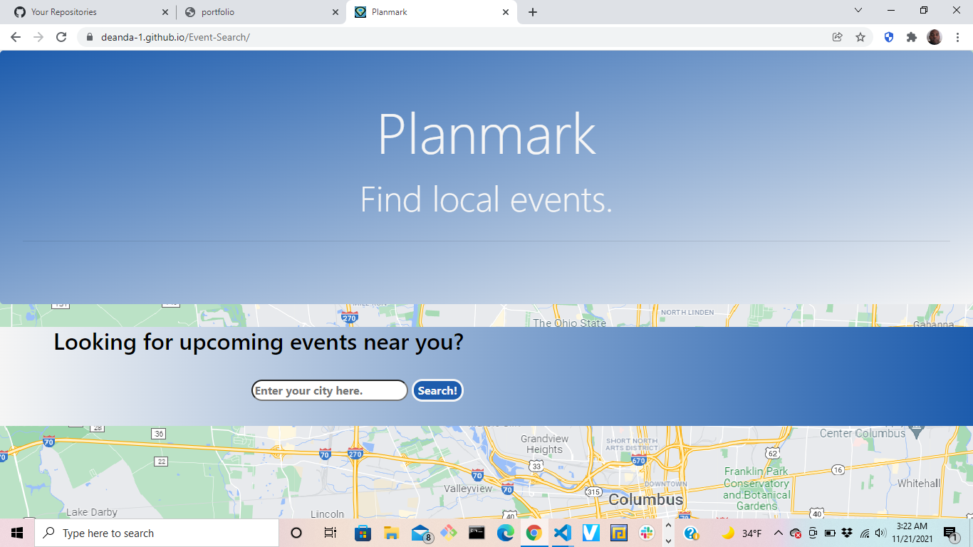 image of map with search bar to find local events near you with the name of the app